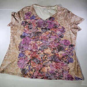 Coldwater Creek Women Floral Beige & Purple V-Neck Short Sleeve Top Size 1X